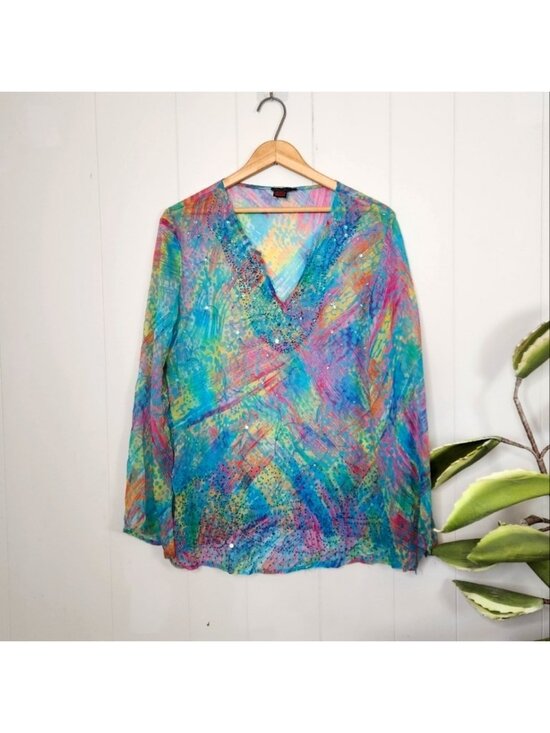 D Studio Tops - 100% Silk DStudio Sheer Tunic Swim Cover-Up Top Boho Bohemian Summer Beaded